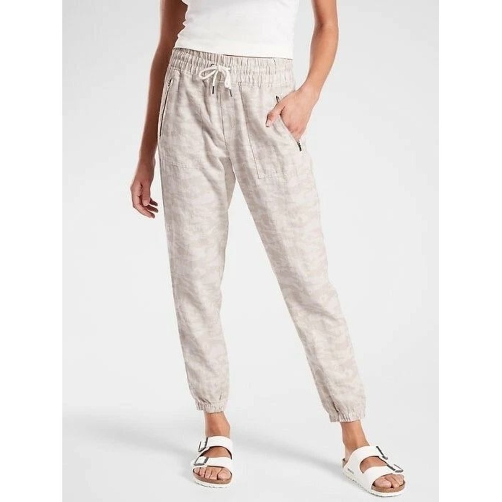 Athleta Cabo Tide Linen Jogger Pants Drawstring Elastic Waist Camo Tan Size 6 - Picture 1 of 12